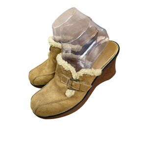 Lower East Side Y2K Brown Faux Suede Shearling Buckle Clogs Size 8.5‎ Wedge 90s